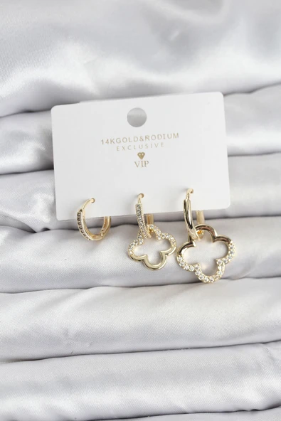 Yonca Model Gold Renk Pirinç 3'lü Kadın Küpe Seti ürün görseli 1