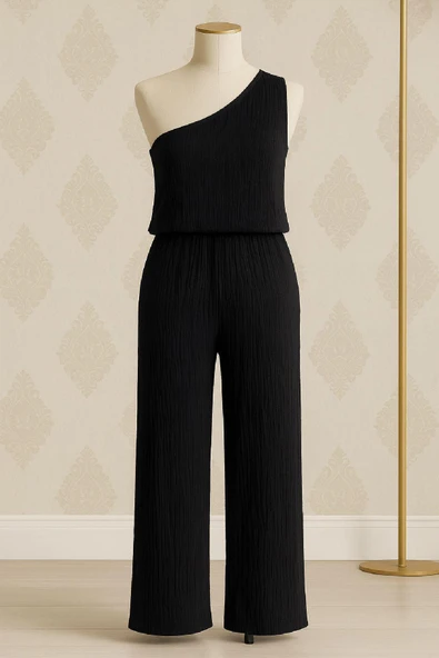 : Kadın Siyah Tek Omuzlu Şık Bluz & Geniş Paça Pantolon İkili Takım - Resim 4