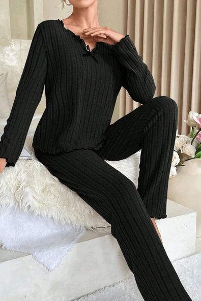 Kadın Siyah Uzun Kollu Fiyonklu Yuvarlak Yaka Mevsimlik Pijama Takımı - Resim 6