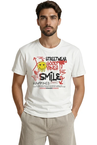 ''Streetwear Good Vibes'' ve ''Smile'' Yazılı Graffiti Temalı Premium Erkek Tişört - Resim 6