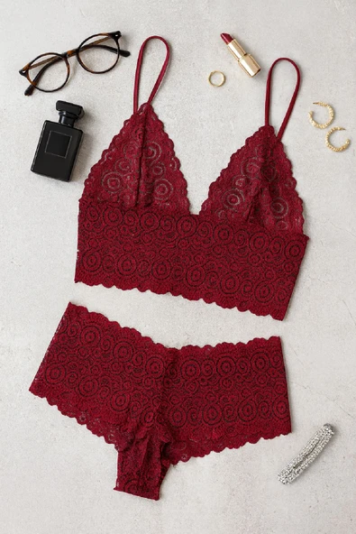 Kadın Bordo Dantel Bralet Şort Takımı - Asil ve Sofistike İç Giyim ürün görseli 1