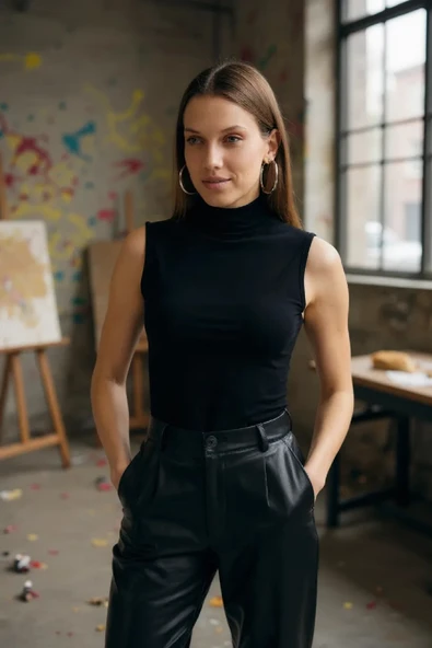 Kadın Siyah Kolsuz Balıkçı Yaka Basic Bluz - Resim 8