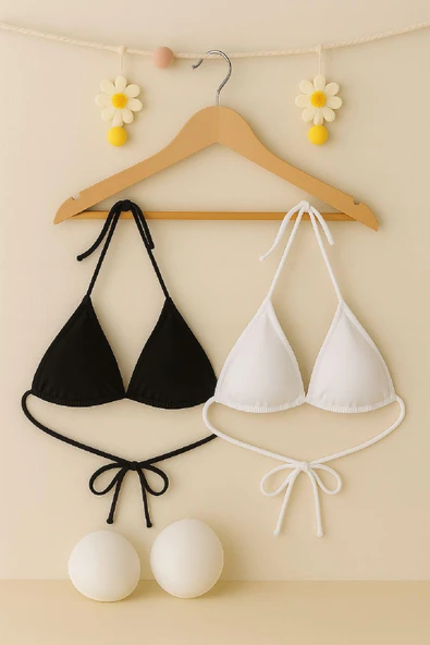 Kadın Siyah ve Beyaz Minimal Kesim Üçgen Bikini Üstü - Modern ve Şık Tasarım - Resim 8