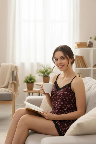 Kadın Mor Kalp Desenli Askılı Şortlu Dantelli Pijama Takımı - Resim 6