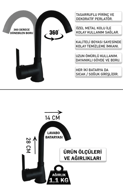 Lavabo Bataryası Siyah Renk Delta Model Ağır Tip Baston Boru Musluk Armatür - Resim 2