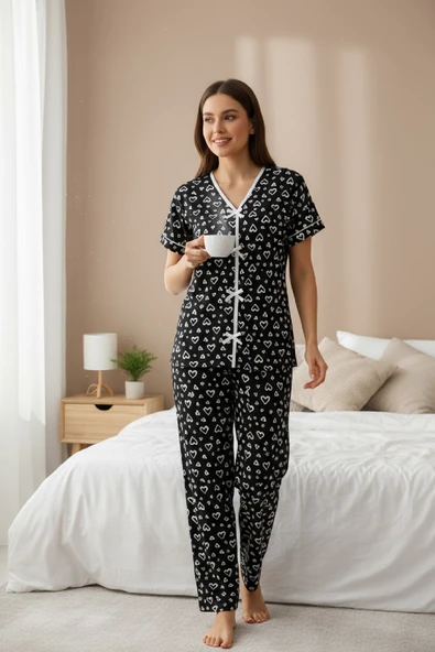 Kadın Siyah Kalp Desenli Fiyonklu Kısa Kollu Uzun Pijama Takımı - Resim 2