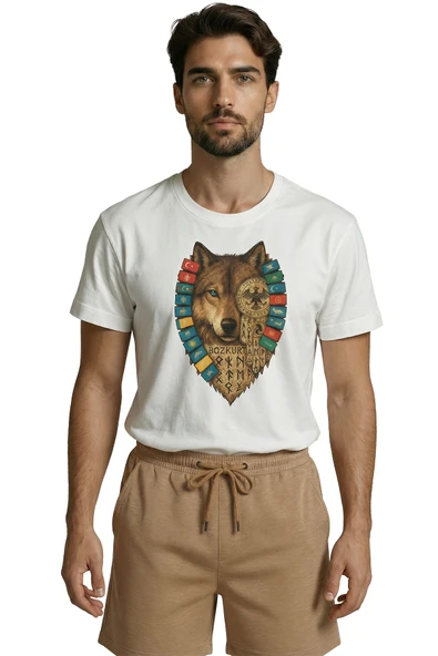 Türk Devletleri Bayraklı ve Göktürkçe Yazılı Bozkurt Tasarım Premium Erkek Tişört - Resim 4