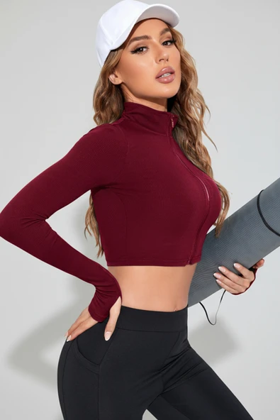 Kadın Bordo Uzun Kol Fermuarlı Parmak Geçme Detaylı Dik Yaka Crop Top Bluz - Resim 3