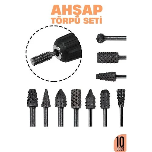 Ahşap Oyma Törpü Seti – 10'lu Matkap Ucuna Şekillendirme Takımı ürün görseli 1