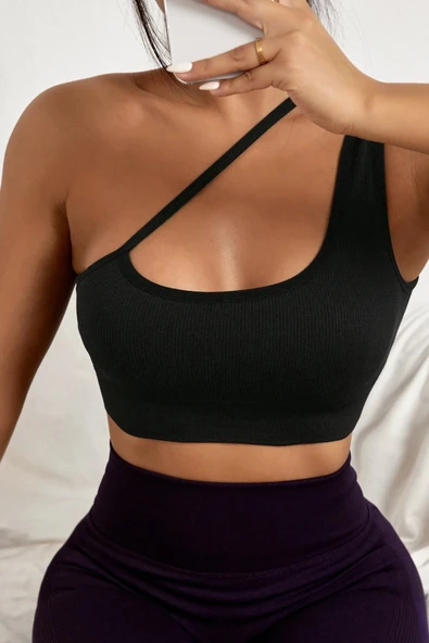 Kadın Siyah Tek Omuzlu Çapraz Askılı Crop Top Büstiyer - Modern ve Şık Tasarım - Resim 4