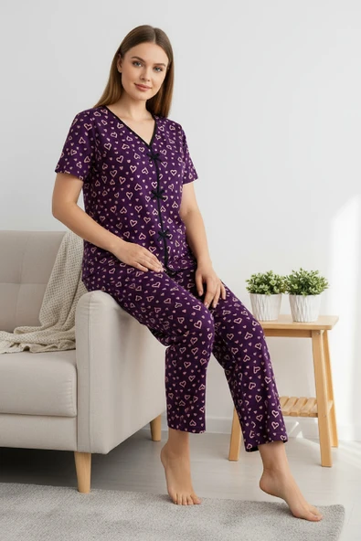 Kadın Mor Kalp Desenli Fiyonklu Kısa Kollu Uzun Pijama Takımı - Resim 7