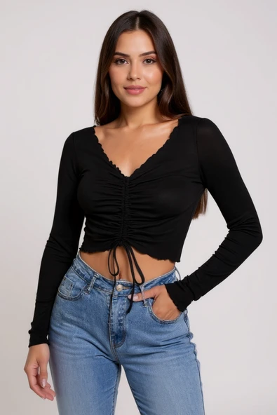 Kadın Siyah Uzun Kollu Büzdürme Bağcık Detaylı Crop Top Bluz - Şık, Rahat ve Kolay Kombinlenebilir - Resim 5
