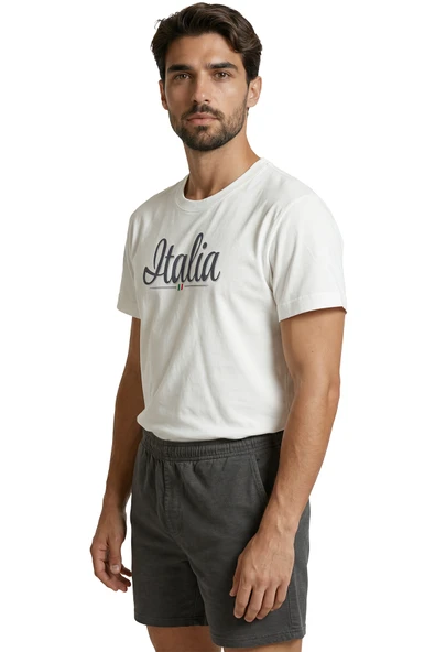 Zarif El Yazısı ''Italia'' ve Minimal Bayrak Baskılı Tasarım Premium Erkek Tişört - Resim 2