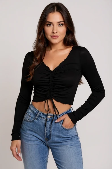 Kadın Siyah Uzun Kollu Büzdürme Bağcık Detaylı Crop Top Bluz - Şık, Rahat ve Kolay Kombinlenebilir ürün görseli 1
