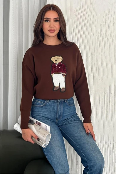 Ayıcık Desenli Standart Beden Triko Kadın Kazak 004 ürün görseli 1