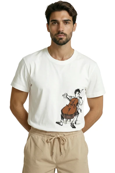 Sanatsal Çello Çalan Müzisyen Eskiz Baskılı Premium Erkek Tişört - Resim 4