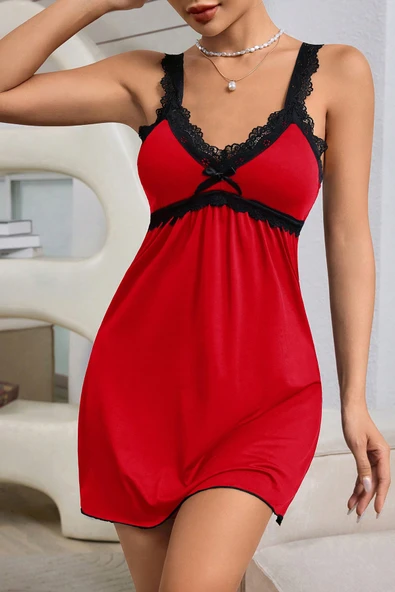 Kadın Kırmızı Dantel Asılı Fiyonk Detaylı Gecelik Takımı - Resim 4