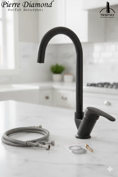 Mutfak Bataryası Baston Borulu Siyah Renk Eviye Musluğu Musluk Armatür ürün görseli 1