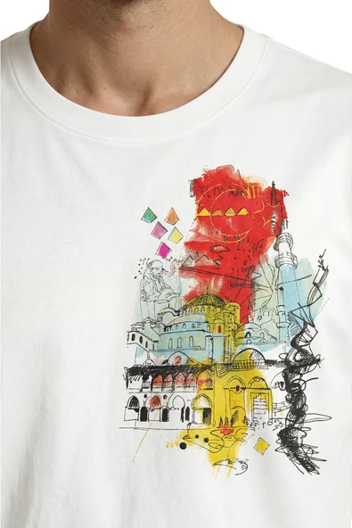 İstanbul Silüeti ve Tarihi Yarımada Sulu Boya Eskiz Baskılı Premium Erkek Tişört - Resim 7