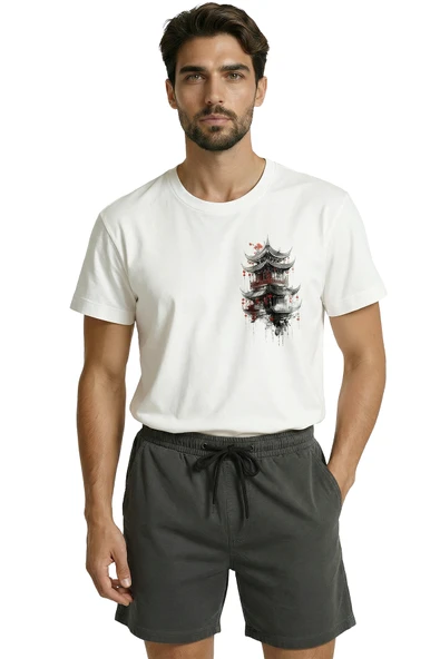 Mistik Uzak Doğu Pagoda ve Kırmızı Fenerler Baskılı Premium Erkek Tişört - Resim 6
