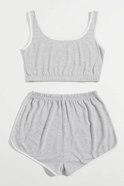 Kadın Gri Askılı Crop Top ve Şortlu Gecelik Takım - Resim 2