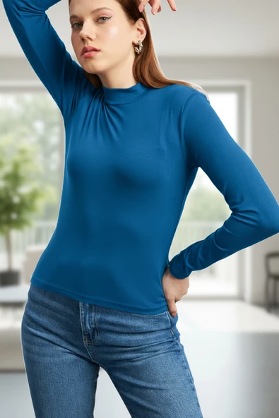 Kadın Mavi Parmak Detaylı Esnek Uzun Kollu Body - Resim 7