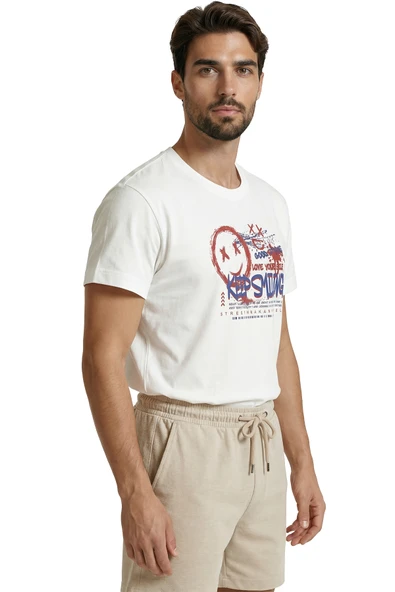 Graffiti Tarzı ''Keep Smiling'' ve Gülen Yüz Baskılı Streetwear Premium Erkek Tişört - Resim 2