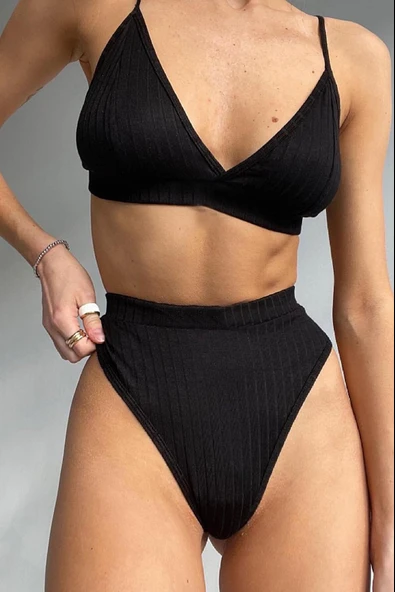 Kadın Siyah Yüksek Bel Dolgusuz Slip Takım - Modern, Konforlu ve Günlük Kombinlere Uygun - Resim 6