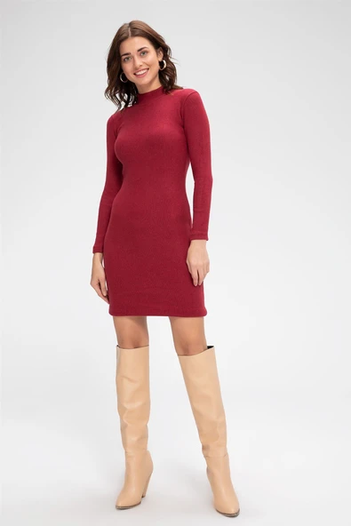 Kadın Bordo Kaşkorse Balıkçı Yaka Uzun Kollu Bodycon Mini Elbise - Şık, Rahat ve 4 Mevsim - Resim 3