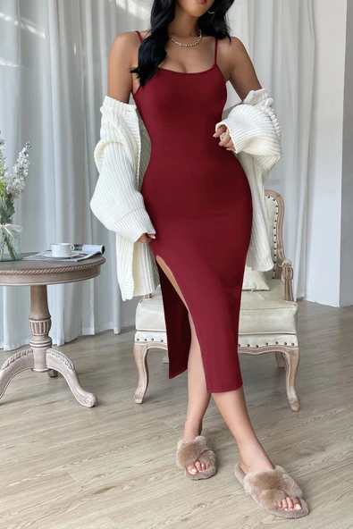 Kadın Bordo Yırtmaçlı Diz Altı Vücüdu Saran Gecelik ürün görseli 1