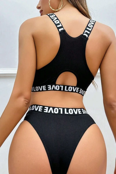 Kadın Siyah Çapraz Sırt ve Love Lastik Detaylı Sütyen Külot Takım ürün görseli 1