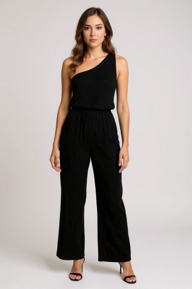 : Kadın Siyah Tek Omuzlu Şık Bluz & Geniş Paça Pantolon İkili Takım - Resim 7