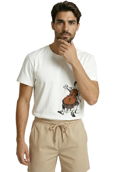 Sanatsal Çello Çalan Müzisyen Eskiz Baskılı Premium Erkek Tişört - Resim 5