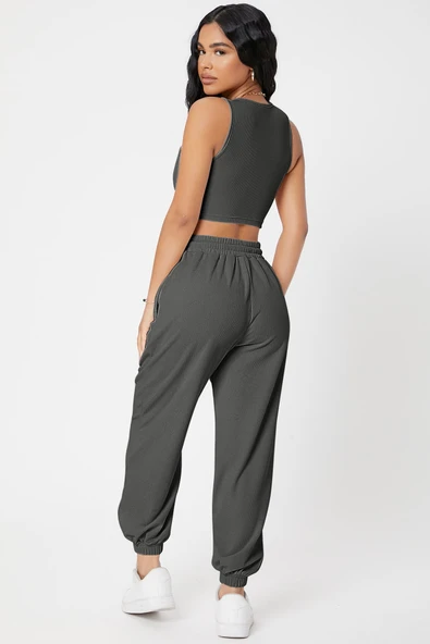 Kadın Antrasit Gri Kaşkorse Cepli Jogger Eşofman Altı ve Crop Top Bluz - Resim 2