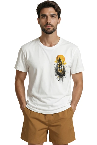 Orman ve Gün Batımı Temalı Sanatsal Doğa Baskılı Premium Erkek Tişört - Resim 6