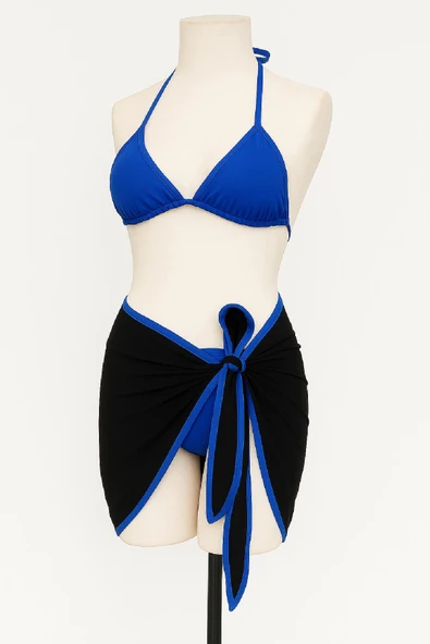 Kadın Mavi Pareolu Yandan ve Boyundan Bağlamalı 3'lü Bikini Takımı - Resim 2