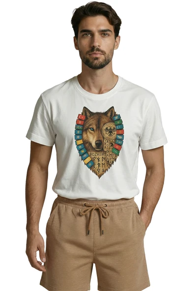 Türk Devletleri Bayraklı ve Göktürkçe Yazılı Bozkurt Tasarım Premium Erkek Tişört - Resim 6