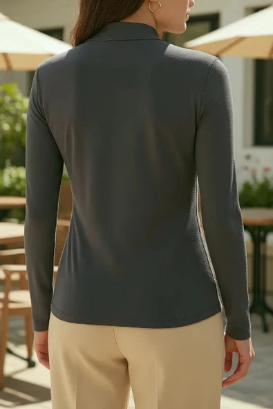 Kadın Antrasit Gri Parmak Detaylı Esnek Uzun Kollu Body - Resim 5