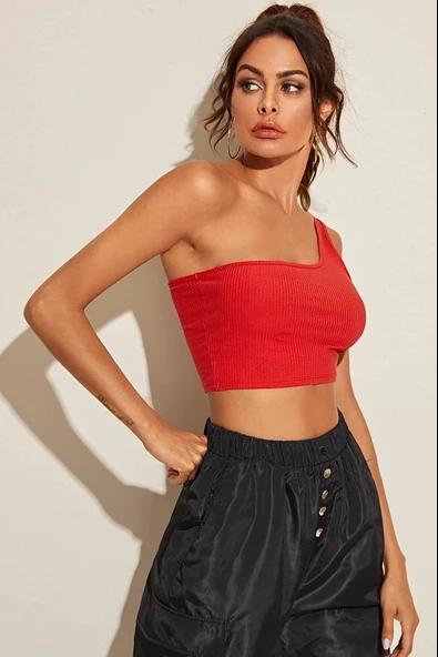 Kadın Kırmızı Tek Omuz Crop Büstiyer - Modern ve Şık Tasarım ürün görseli 1
