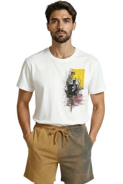 Soyut Şehir Mimarisi ve Eskiz Sanat Baskılı Premium Pamuk Erkek Tişört - Resim 6