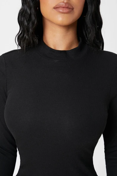 Kadın Siyah Kaşkorse Balıkçı Yaka Uzun Kollu Bodycon Mini Elbise - Resim 8