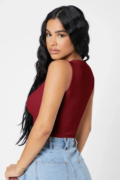 Kadın Bordo Kare Yaka Crop Top Bluz - Şık, Rahat ve Kolay Kombinlenebilir - Resim 3