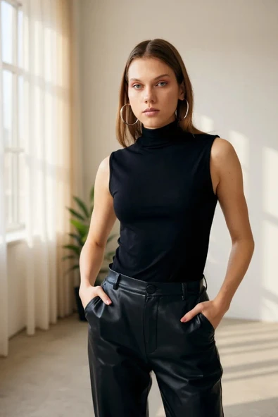 Kadın Siyah Kolsuz Balıkçı Yaka Basic Bluz - Resim 6