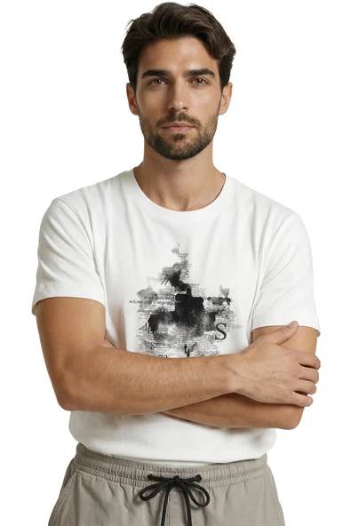 Soyut Mürekkep Lekesi ve Tipografik Ağaç Baskılı Tasarım Premium Erkek Tişört - Resim 4