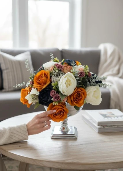 Yapay Çiçek Aranjmanı Gümüş Renk Metal Vazolu Arajman Nişan Kız İsteme Çiçeği Somon Lacivet Krem - Resim 3