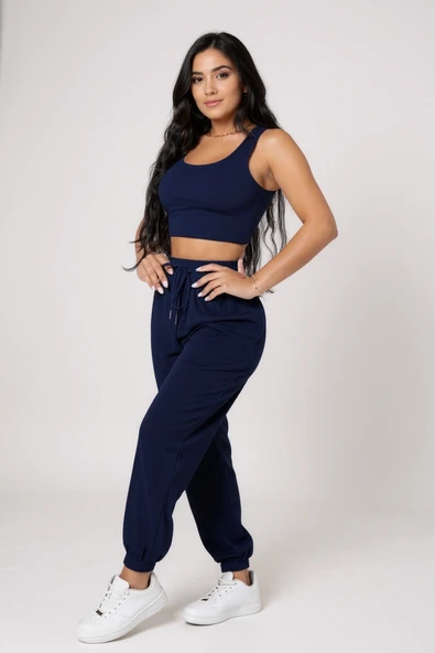 Kadın Lacivert Kaşkorse Cepli Jogger Eşofman Altı ve Crop Top Bluz - Resim 5