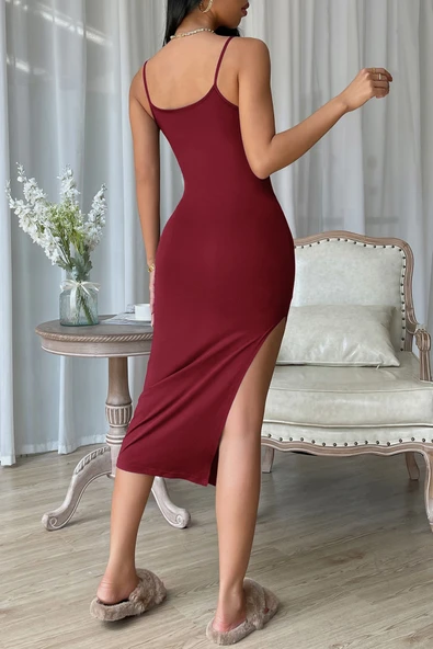 Kadın Bordo Yırtmaçlı Diz Altı Vücüdu Saran Gecelik - Resim 2