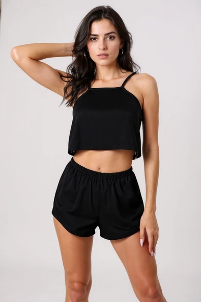 Kadın Siyah Arkası Komple Dantel Şortlu Gecelik Takım - Resim 4