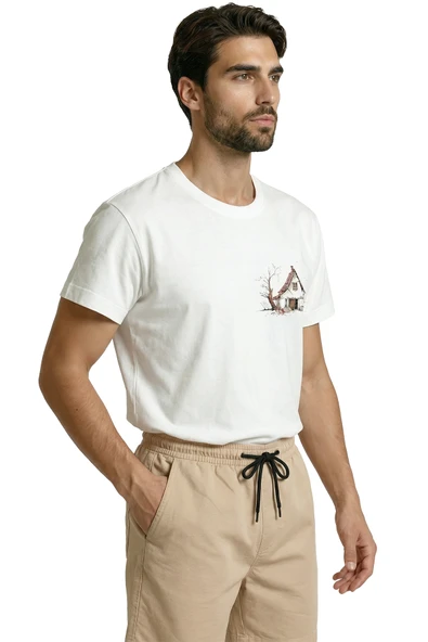 Minimalist Eskiz Köy Evi Baskılı Tasarım Premium Pamuk Erkek Tişört - Resim 2