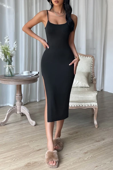 Kadın Siyah Yırtmaçlı Diz Altı Vücüdu Saran Gecelik - Resim 6